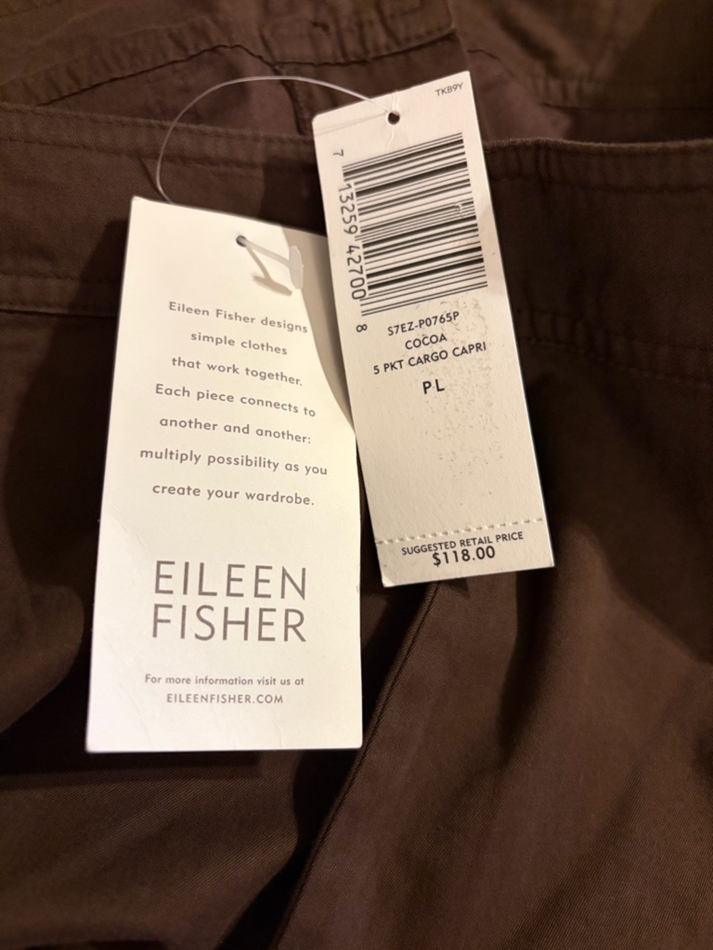 NWT Eileen Fisher 100% Cotton Brown Wide Leg Cargo Capri Pants Size Petite Large - Picture 4 of 8